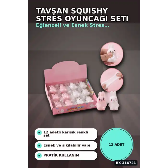 Tavşan Squishy Stres Oyuncağı 11x7 cm - 12 Adet Esnek Sıkılabilir Figür Seti BX-316721