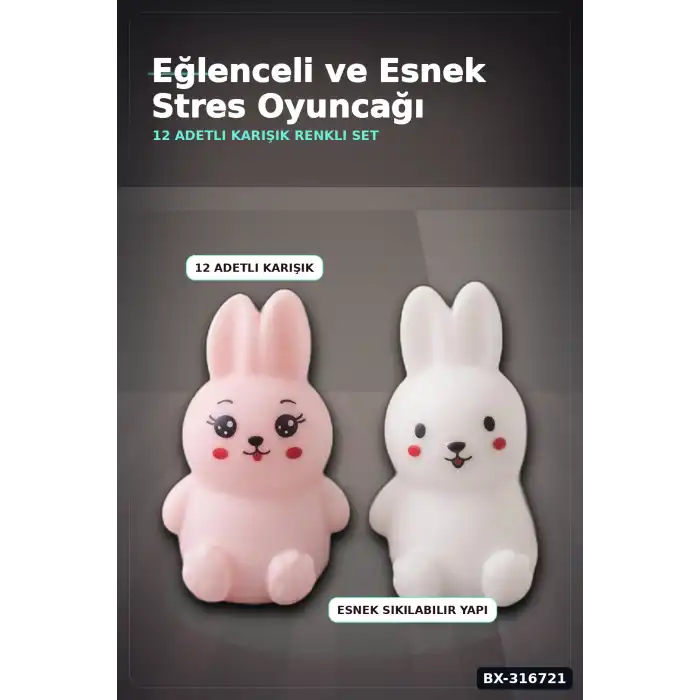 Tavşan Squishy Stres Oyuncağı 11x7 cm - 12 Adet Esnek Sıkılabilir Figür Seti BX-316721