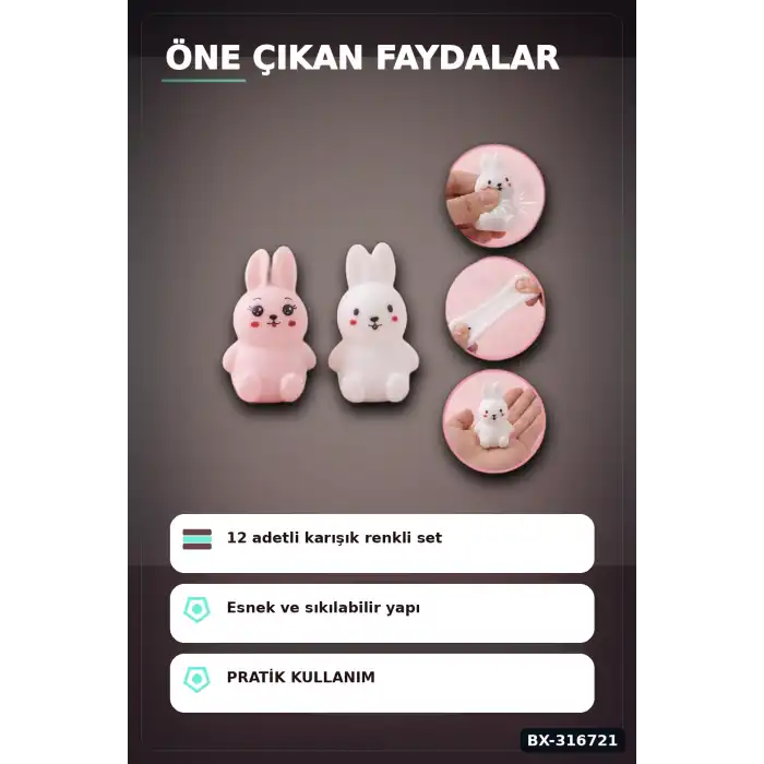 Tavşan Squishy Stres Oyuncağı 11x7 cm - 12 Adet Esnek Sıkılabilir Figür Seti BX-316721
