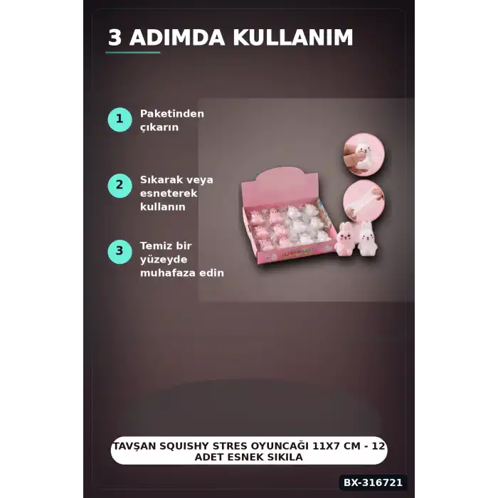 Tavşan Squishy Stres Oyuncağı 11x7 cm - 12 Adet Esnek Sıkılabilir Figür Seti BX-316721