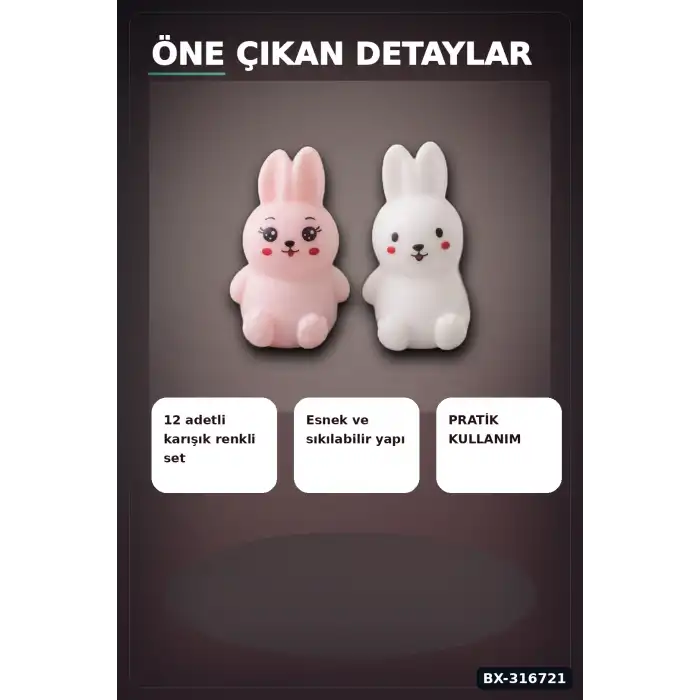 Tavşan Squishy Stres Oyuncağı 11x7 cm - 12 Adet Esnek Sıkılabilir Figür Seti BX-316721