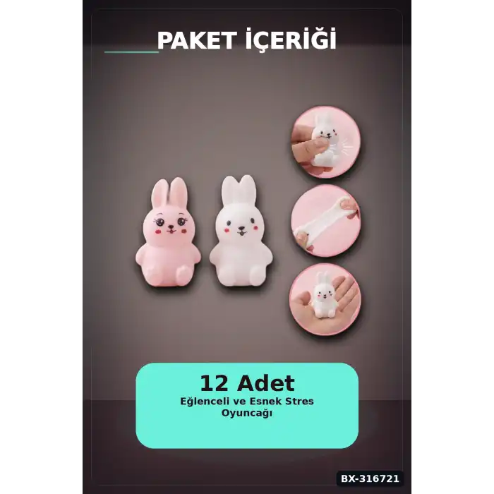 Tavşan Squishy Stres Oyuncağı 11x7 cm - 12 Adet Esnek Sıkılabilir Figür Seti BX-316721