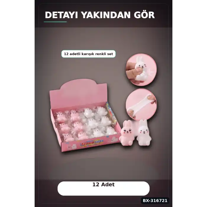 Tavşan Squishy Stres Oyuncağı 11x7 cm - 12 Adet Esnek Sıkılabilir Figür Seti BX-316721