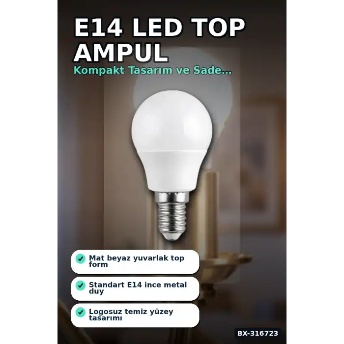 LED Top Ampul E14 İnce Duy 6W 6500K Beyaz Işık 540 Lümen Avize Aplik Ampulü BX-316723
