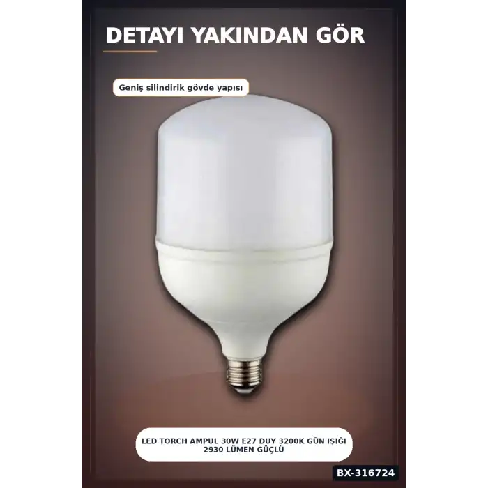 LED Torch Ampul 30W E27 Duy 3200K Gün Işığı 2930 Lümen Güçlü İç Mekan Aydınlatma BX-316724