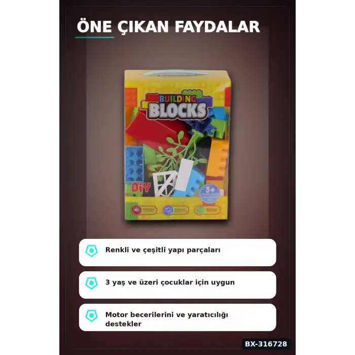 Renkli Blok Oyuncak 55 Parça Kutulu Eğitici Çocuk Geliştirici Yapı Seti BX-316728