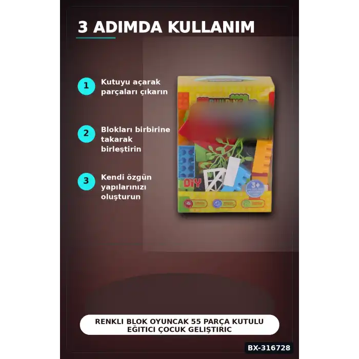 Renkli Blok Oyuncak 55 Parça Kutulu Eğitici Çocuk Geliştirici Yapı Seti BX-316728