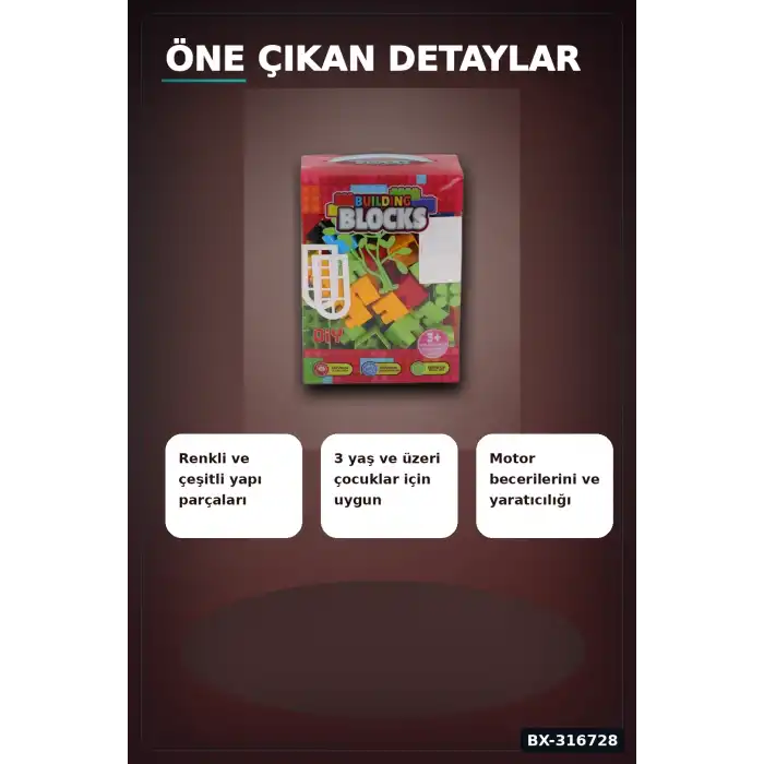 Renkli Blok Oyuncak 55 Parça Kutulu Eğitici Çocuk Geliştirici Yapı Seti BX-316728