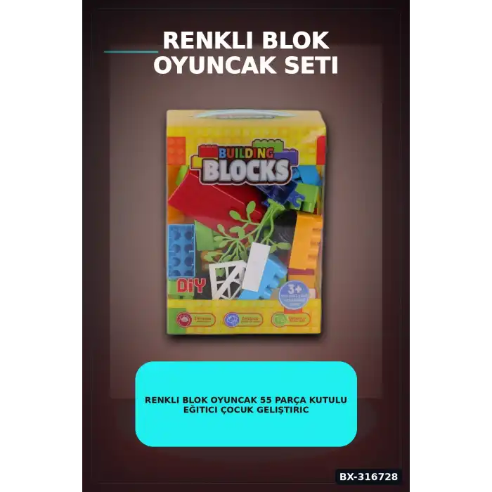 Renkli Blok Oyuncak 55 Parça Kutulu Eğitici Çocuk Geliştirici Yapı Seti BX-316728