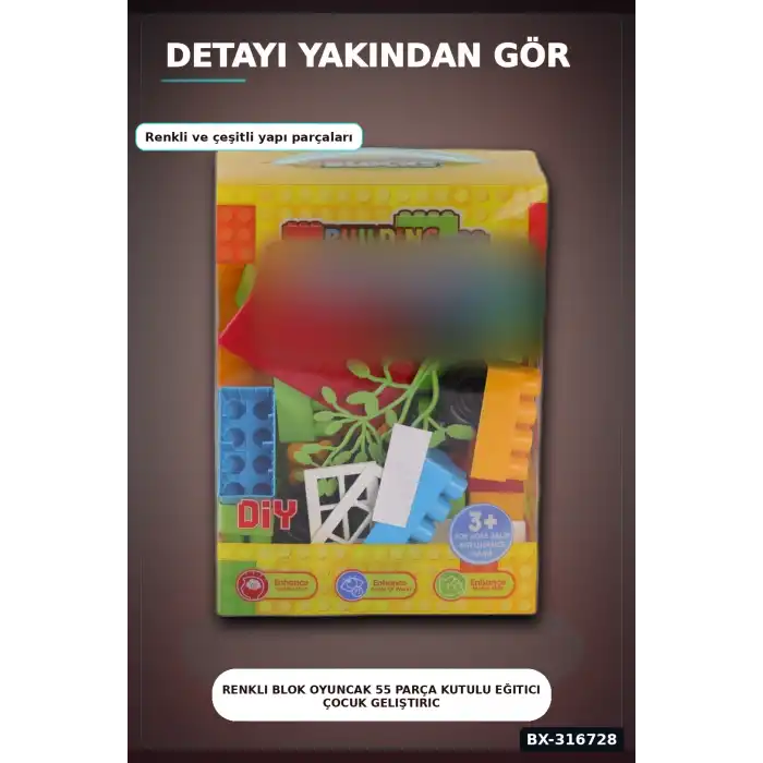 Renkli Blok Oyuncak 55 Parça Kutulu Eğitici Çocuk Geliştirici Yapı Seti BX-316728