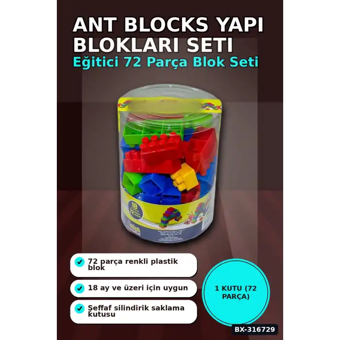 Ant Blocks Eğitici Yapı Blokları 72 Parça - 18 Ay ve Üzeri Çocuk Oyuncak Seti BX-316729