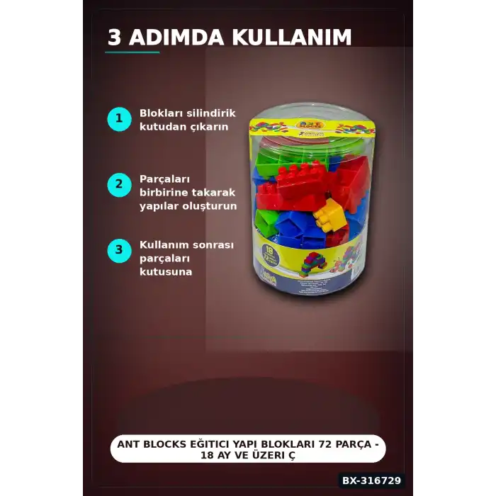 Ant Blocks Eğitici Yapı Blokları 72 Parça - 18 Ay ve Üzeri Çocuk Oyuncak Seti BX-316729