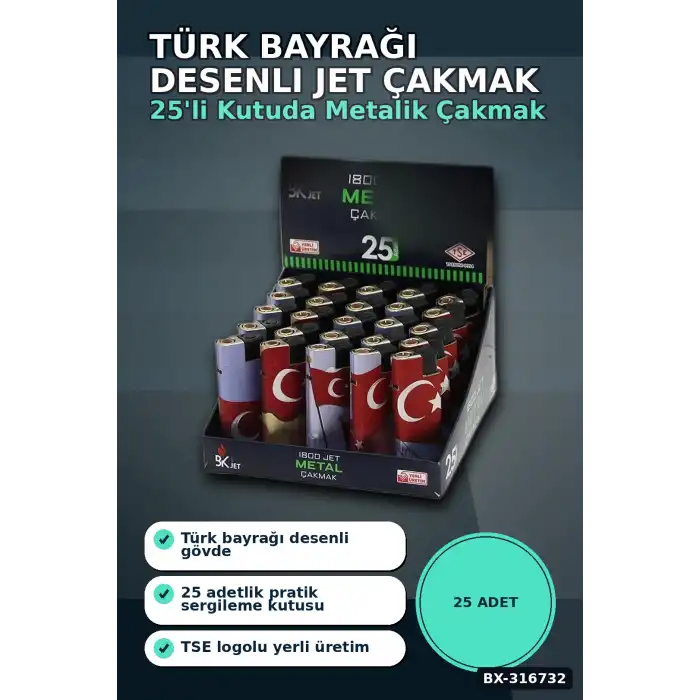 Jet Alevli Rüzgar Çakmağı Türk Bayrağı Desenli Manyetolu Gaz Dolumlu 1 Adet BX-316732