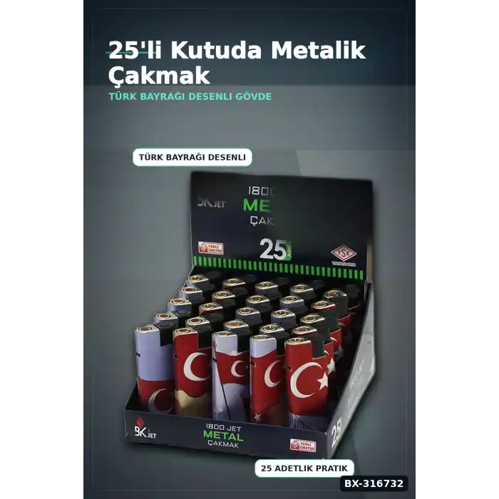 Jet Alevli Rüzgar Çakmağı Türk Bayrağı Desenli Manyetolu Gaz Dolumlu 1 Adet BX-316732