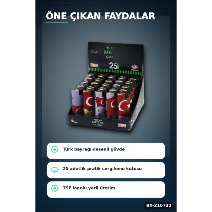 Jet Alevli Rüzgar Çakmağı Türk Bayrağı Desenli Manyetolu Gaz Dolumlu 1 Adet BX-316732
