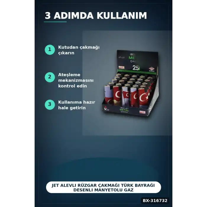 Jet Alevli Rüzgar Çakmağı Türk Bayrağı Desenli Manyetolu Gaz Dolumlu 1 Adet BX-316732