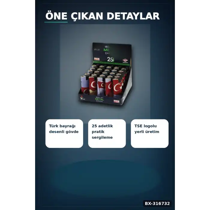 Jet Alevli Rüzgar Çakmağı Türk Bayrağı Desenli Manyetolu Gaz Dolumlu 1 Adet BX-316732