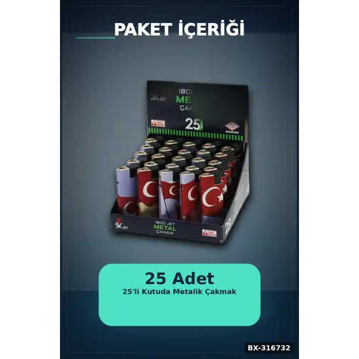 Jet Alevli Rüzgar Çakmağı Türk Bayrağı Desenli Manyetolu Gaz Dolumlu 1 Adet BX-316732