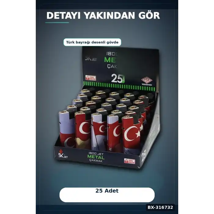 Jet Alevli Rüzgar Çakmağı Türk Bayrağı Desenli Manyetolu Gaz Dolumlu 1 Adet BX-316732