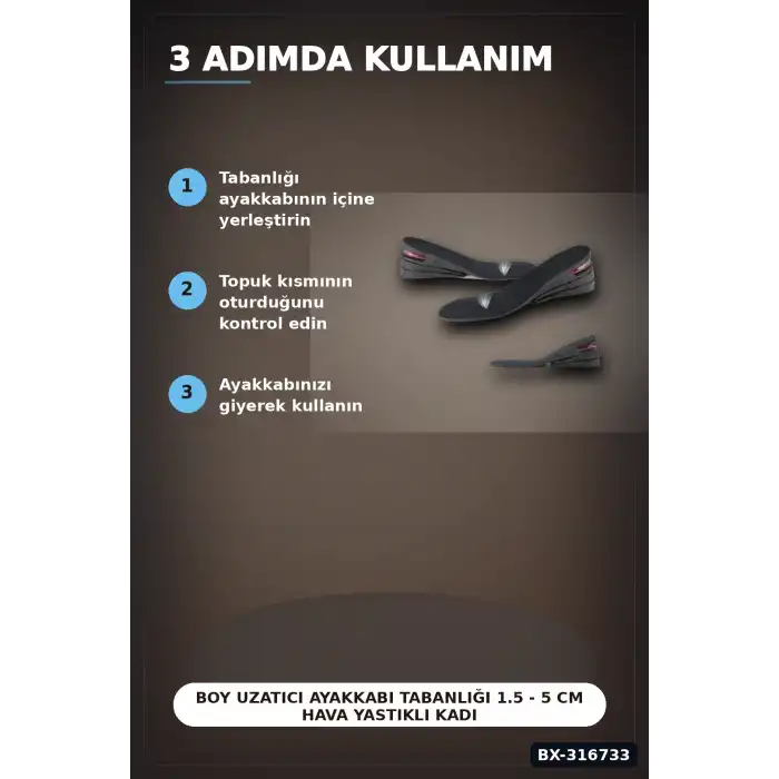 Boy Uzatıcı Ayakkabı Tabanlığı 1.5 - 5 cm Hava Yastıklı Kadın Erkek Uyumlu 1 Çift BX-316733