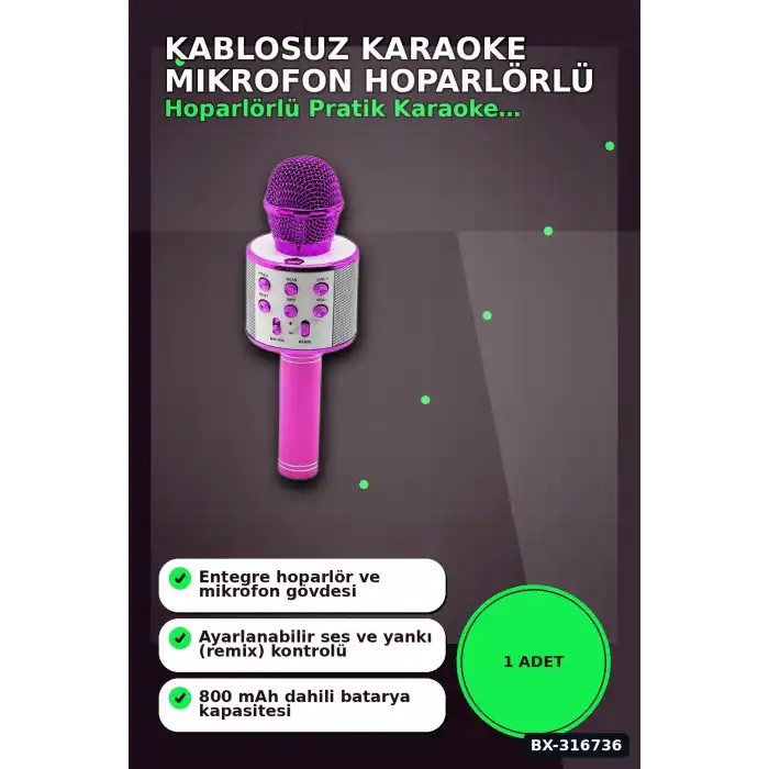 Karaoke Mikrofon Hoparlörlü Kablosuz USB Şarjlı Krom Kaplama 800 mAh 1 Adet BX-316736