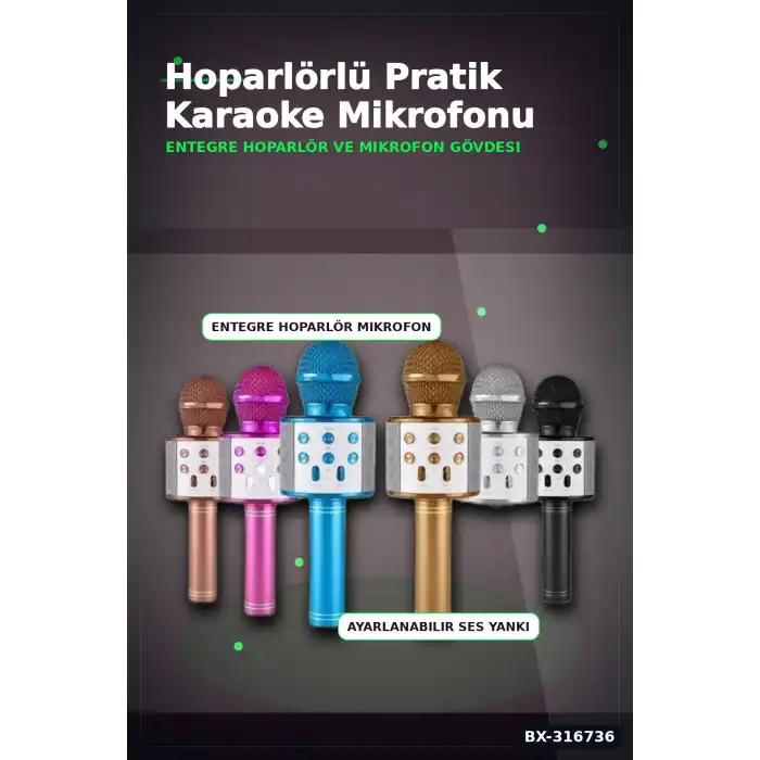 Karaoke Mikrofon Hoparlörlü Kablosuz USB Şarjlı Krom Kaplama 800 mAh 1 Adet BX-316736