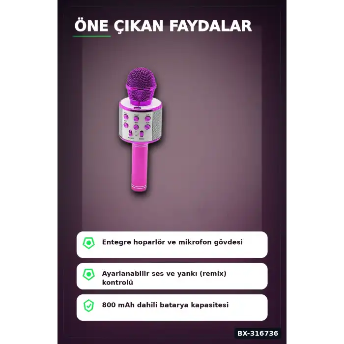 Karaoke Mikrofon Hoparlörlü Kablosuz USB Şarjlı Krom Kaplama 800 mAh 1 Adet BX-316736