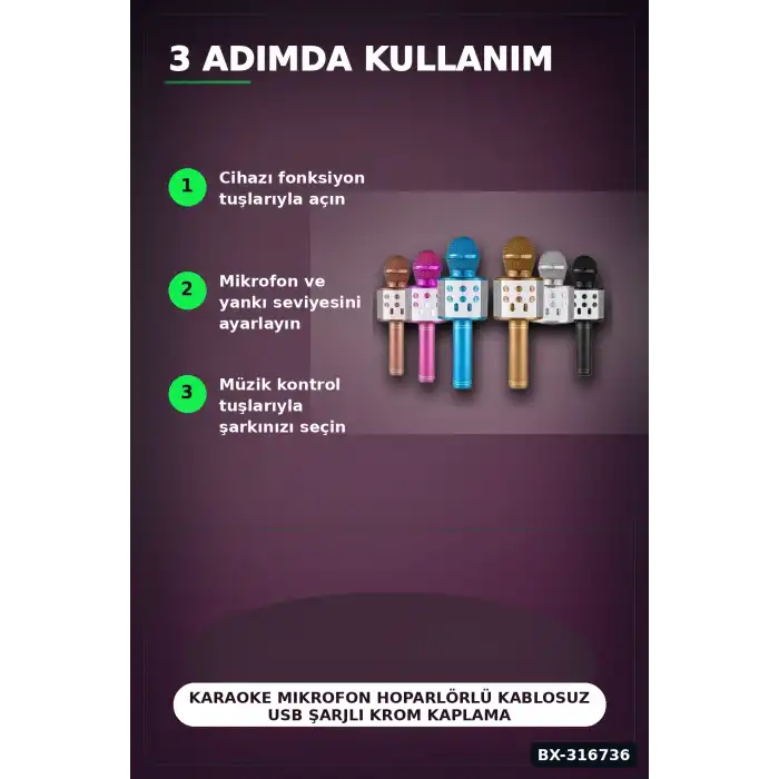 Karaoke Mikrofon Hoparlörlü Kablosuz USB Şarjlı Krom Kaplama 800 mAh 1 Adet BX-316736