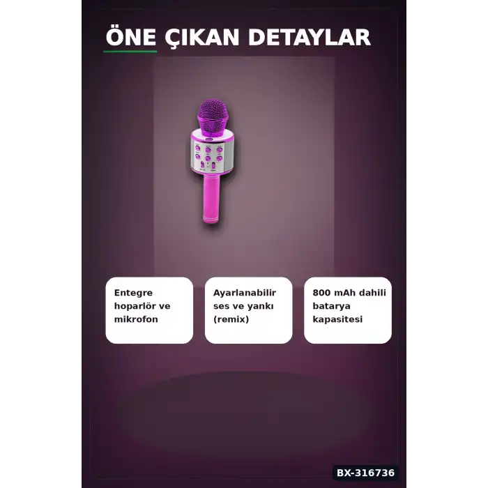Karaoke Mikrofon Hoparlörlü Kablosuz USB Şarjlı Krom Kaplama 800 mAh 1 Adet BX-316736