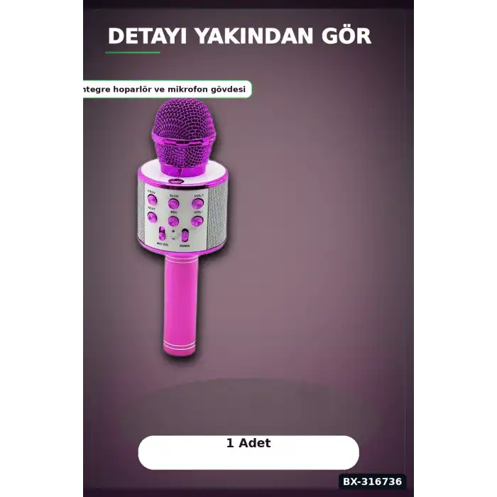 Karaoke Mikrofon Hoparlörlü Kablosuz USB Şarjlı Krom Kaplama 800 mAh 1 Adet BX-316736
