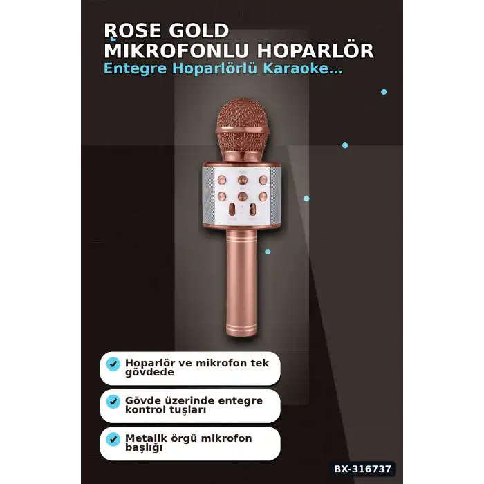 Karaoke Mikrofonlu Hoparlör Bluetooth Şarjlı Rose Gold Eko Ayarlı USB SD BX-316737