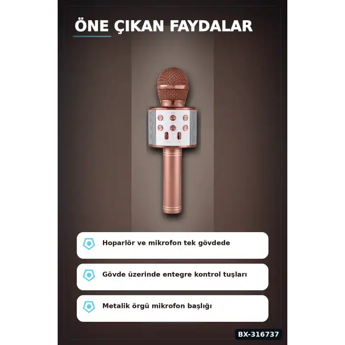 Karaoke Mikrofonlu Hoparlör Bluetooth Şarjlı Rose Gold Eko Ayarlı USB SD BX-316737
