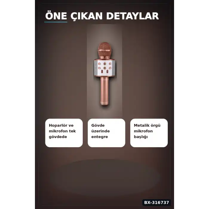 Karaoke Mikrofonlu Hoparlör Bluetooth Şarjlı Rose Gold Eko Ayarlı USB SD BX-316737