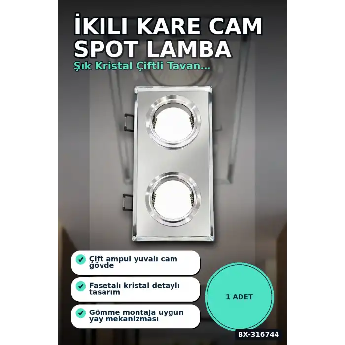İkili Kare Cam Spot Lamba - GU10 Duy LED Çerçeveli 4000K Kristal Tavan Armatürü, 1 Adet BX-316744