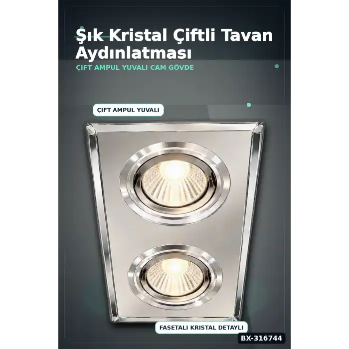 İkili Kare Cam Spot Lamba - GU10 Duy LED Çerçeveli 4000K Kristal Tavan Armatürü, 1 Adet BX-316744