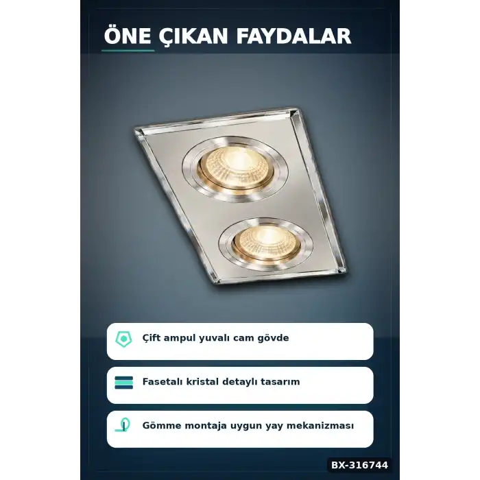 İkili Kare Cam Spot Lamba - GU10 Duy LED Çerçeveli 4000K Kristal Tavan Armatürü, 1 Adet BX-316744
