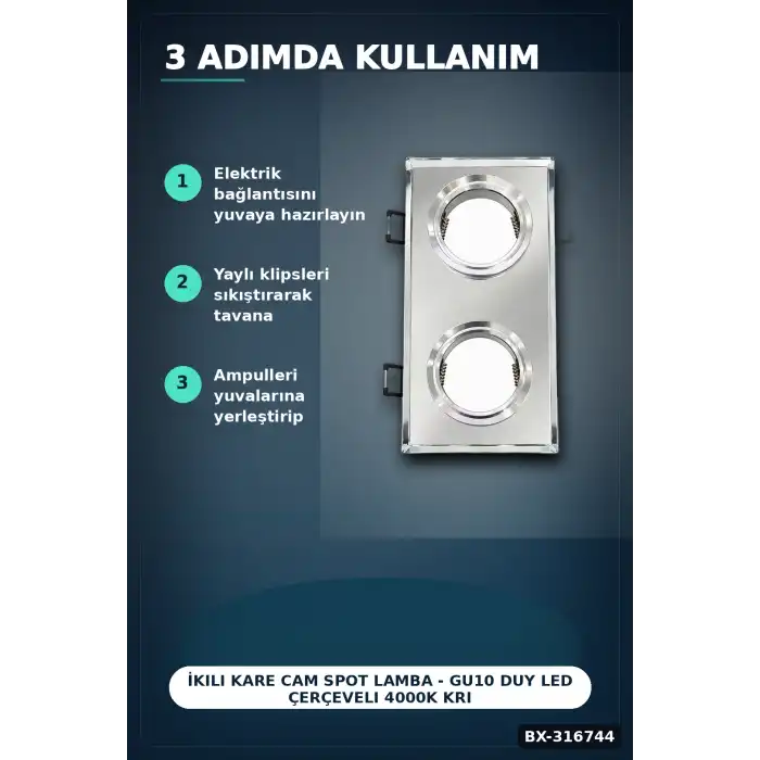 İkili Kare Cam Spot Lamba - GU10 Duy LED Çerçeveli 4000K Kristal Tavan Armatürü, 1 Adet BX-316744