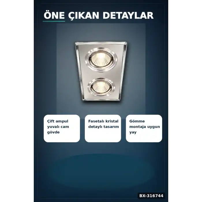 İkili Kare Cam Spot Lamba - GU10 Duy LED Çerçeveli 4000K Kristal Tavan Armatürü, 1 Adet BX-316744