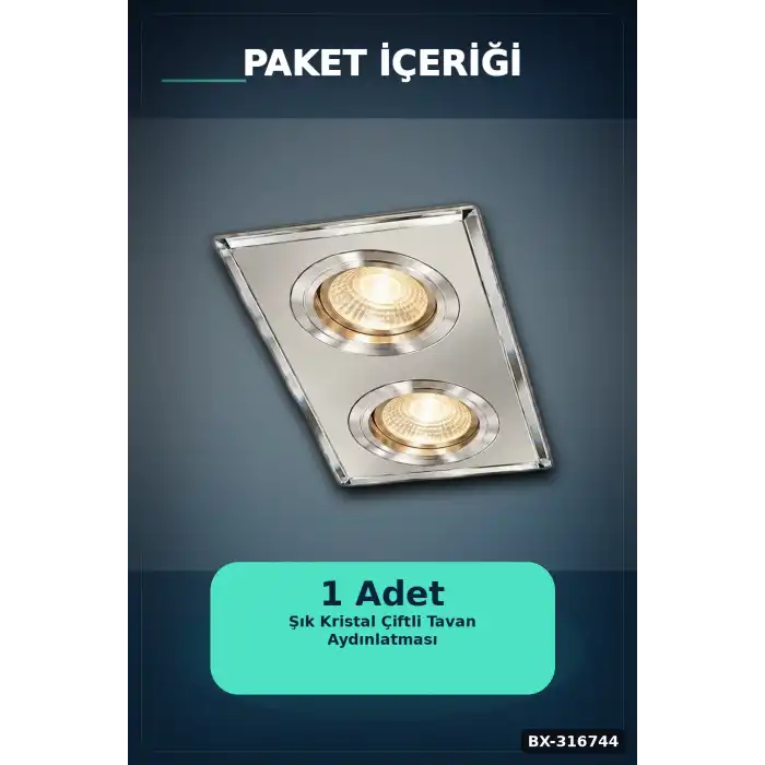 İkili Kare Cam Spot Lamba - GU10 Duy LED Çerçeveli 4000K Kristal Tavan Armatürü, 1 Adet BX-316744