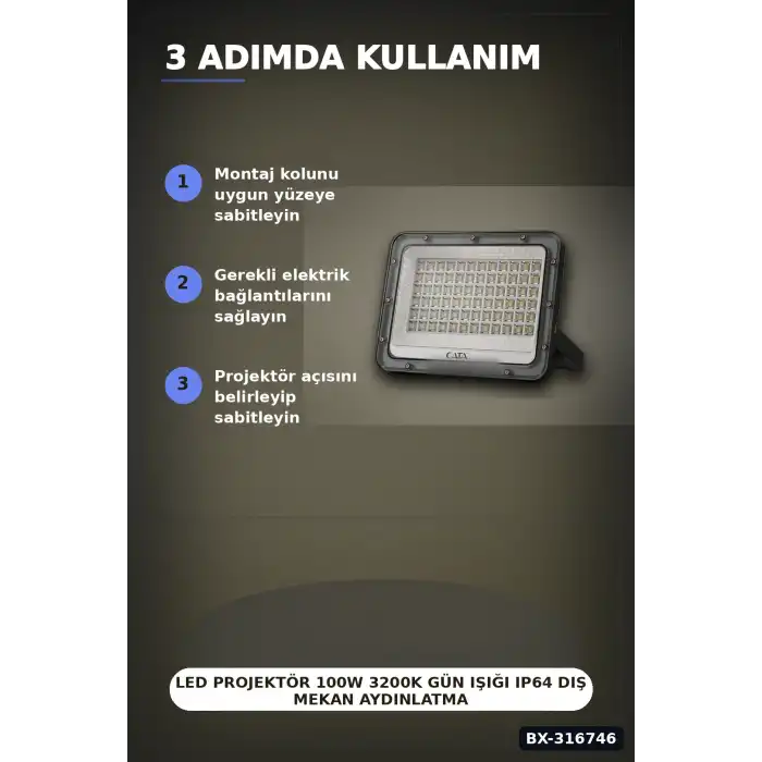 LED Projektör 100W 3200K Gün Işığı IP64 Dış Mekan Aydınlatması 8200 Lümen 1 Adet BX-316746