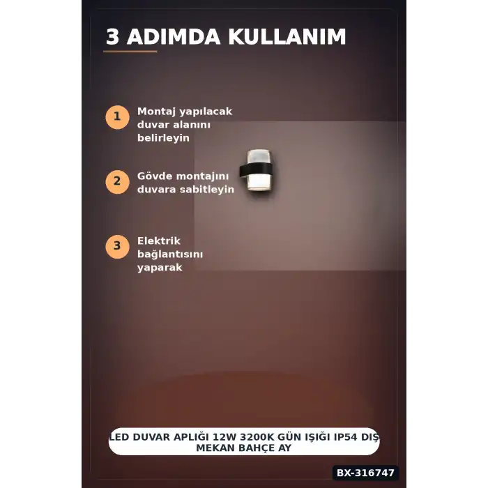 LED Duvar Apliği 12W 3200K Gün Işığı IP54 Dış Mekan Bahçe Aydınlatması BX-316747