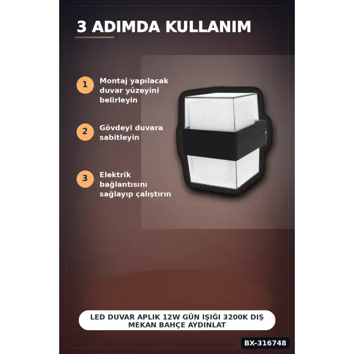 LED Duvar Aplik 12W Gün Işığı 3200K Dış Mekan Bahçe Aydınlatması IP54 1 Adet BX-316748