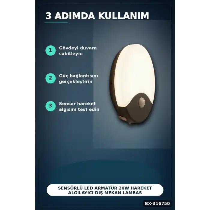 Sensörlü LED Armatür 20W Hareket Algılayıcı Dış Mekan Lambası IP44 4000K BX-316750