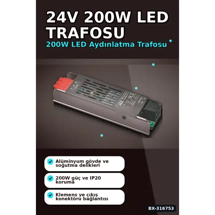 24V Şerit LED Trafosu 200W 8A Bakır Sargılı Klemensli Güç Kaynağı - 1 Adet BX-316753