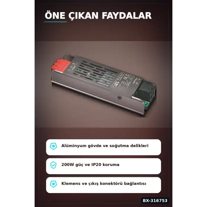 24V Şerit LED Trafosu 200W 8A Bakır Sargılı Klemensli Güç Kaynağı - 1 Adet BX-316753