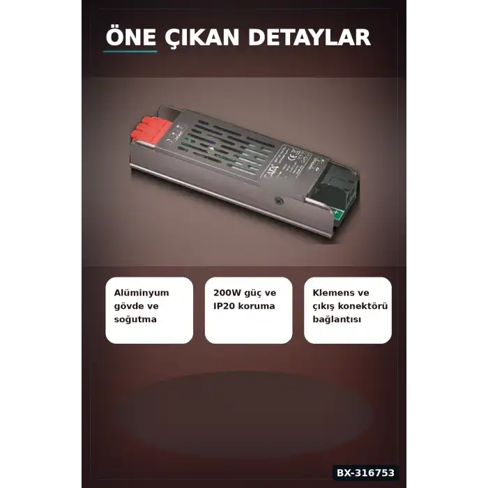 24V Şerit LED Trafosu 200W 8A Bakır Sargılı Klemensli Güç Kaynağı - 1 Adet BX-316753