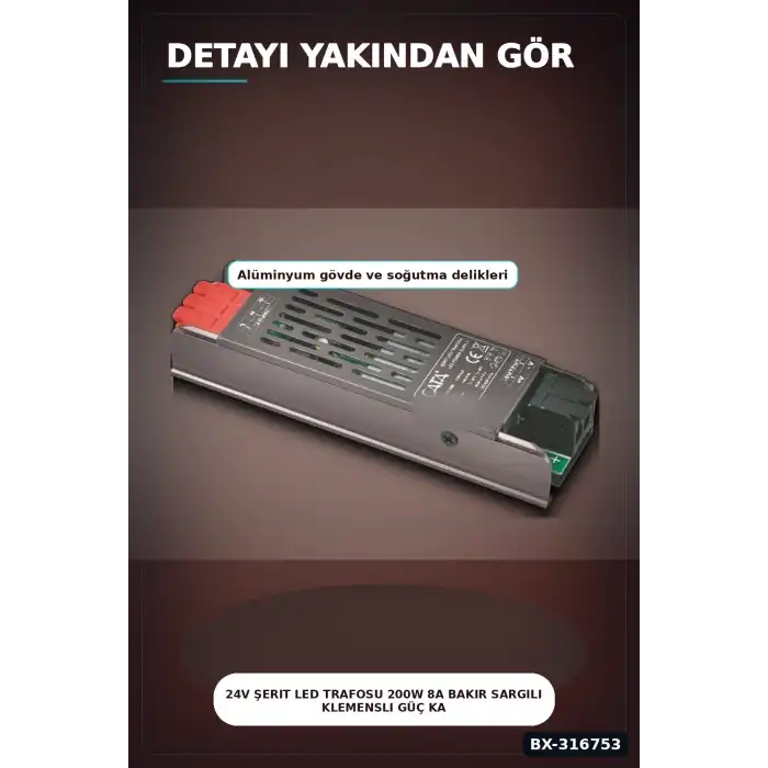 24V Şerit LED Trafosu 200W 8A Bakır Sargılı Klemensli Güç Kaynağı - 1 Adet BX-316753