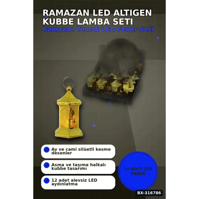 Ramazan LED Işık Orta Boy Altıgen Kubbe Dekoratif Gece Lambası 12 Adet BX-316786
