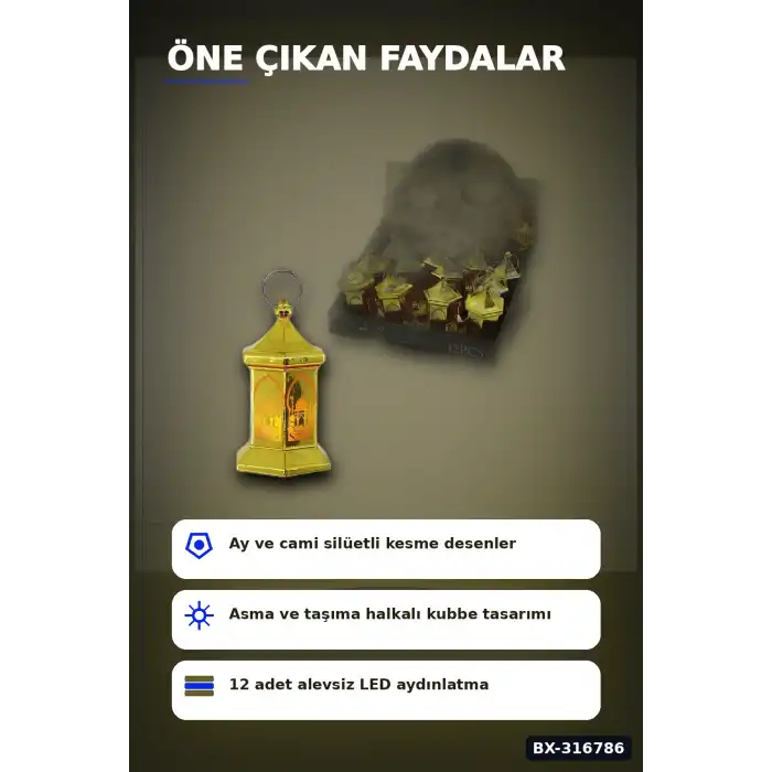 Ramazan LED Işık Orta Boy Altıgen Kubbe Dekoratif Gece Lambası 12 Adet BX-316786