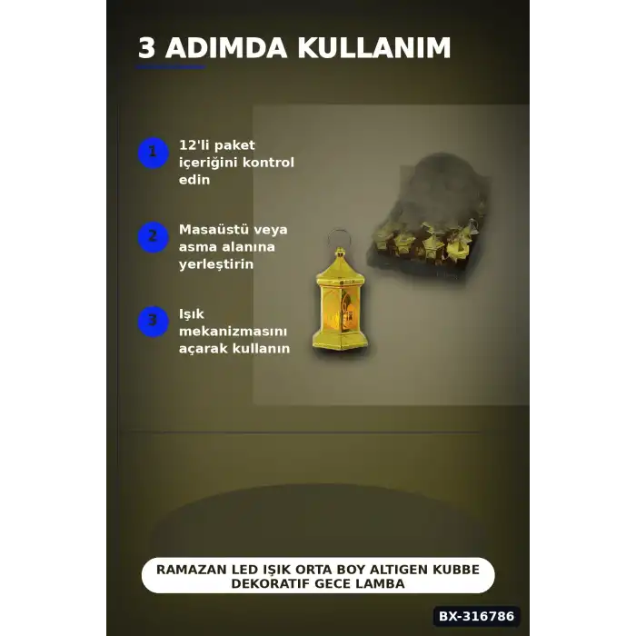 Ramazan LED Işık Orta Boy Altıgen Kubbe Dekoratif Gece Lambası 12 Adet BX-316786